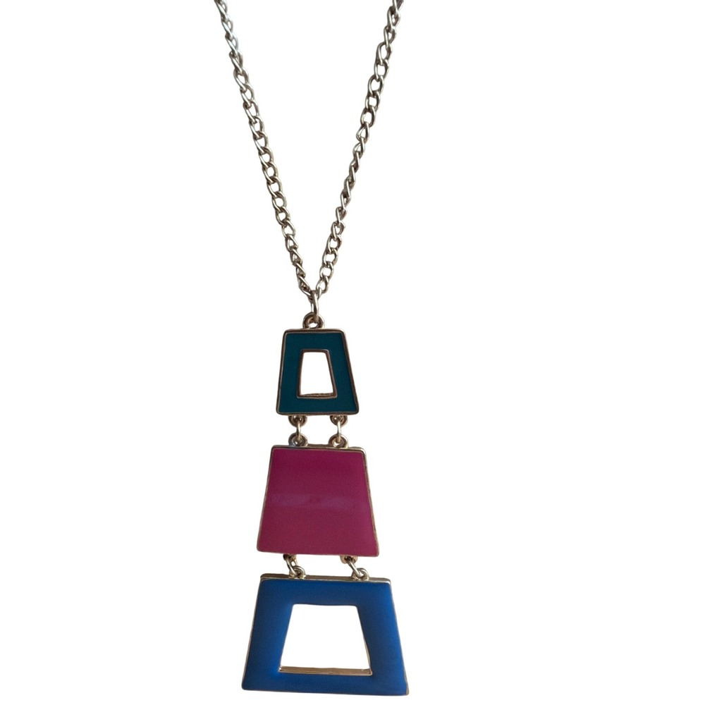 Geometric Tiered Enamel Pendant Necklace Gold Tone Blue Pink Teal Mod Statement